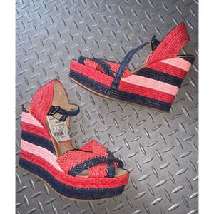 Zara Straw striped Wedges  8 120$ boho resort red blue nautical spring classic